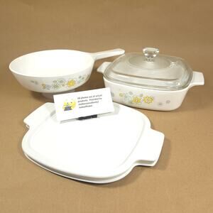 Corning Ware Yellow Floral Bouquett Bundle #A-1-B Casserole Dish #P-83-B Skillet